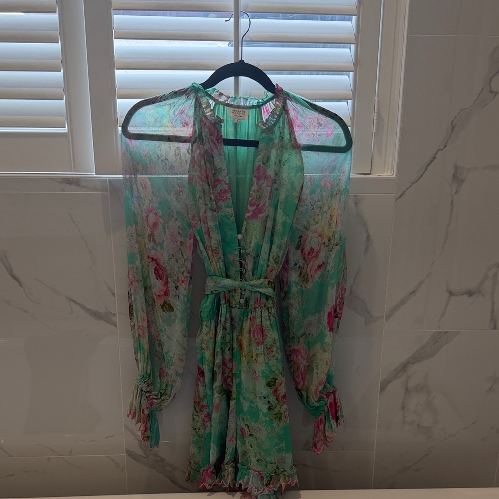 HEMANT & NANDITA Mint Green and Pink Floral Sheer Dress